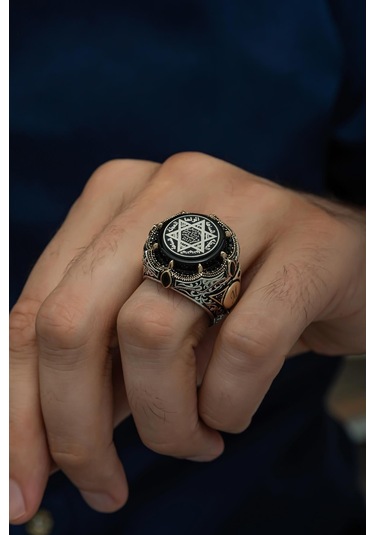 Mührü Süleyman Desenli Yuvarlak 925 Gümüş Erkek Yüzük