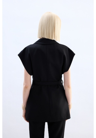 Sateen Kemerli Uzun Yelek - Siyah-136850 Siyah