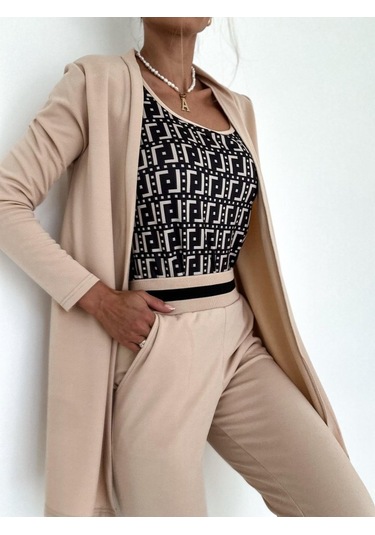 Modasize Kadın Uzun Kollu Krep Üçlü Takım Bej