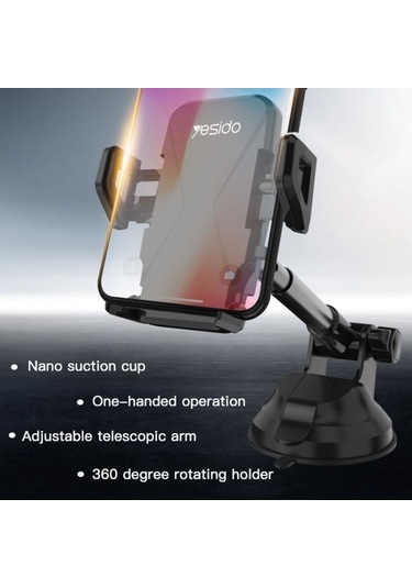Wondernest Yesido C360 Araba Katlanabilir Otomatik Klipsli Telefon Tutucu Siyah Siyah