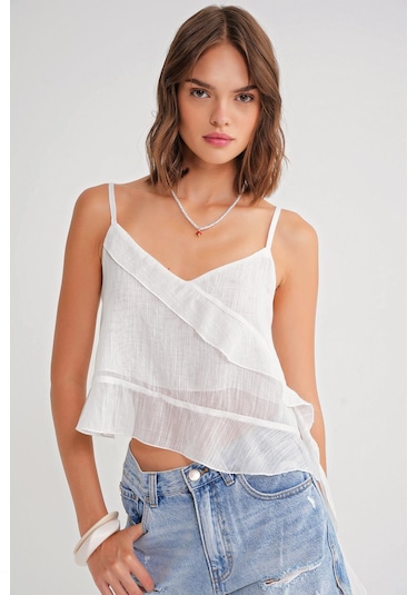 4736 Kadın Fırfırlı Askılı Bluz Beyaz Beyaz