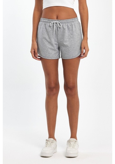 Kadın Yırtmaçlı Mevsimlik Premium Kumaş Regular Fit İpli Gri Kısa Mini Şort