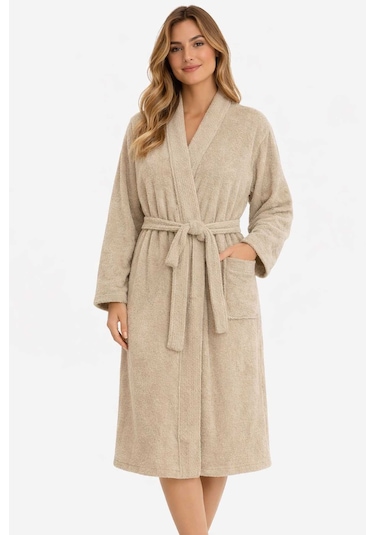 Kimono Yaka Unisex Pamuklu Tek Kişilik Bornoz Bej Renkli