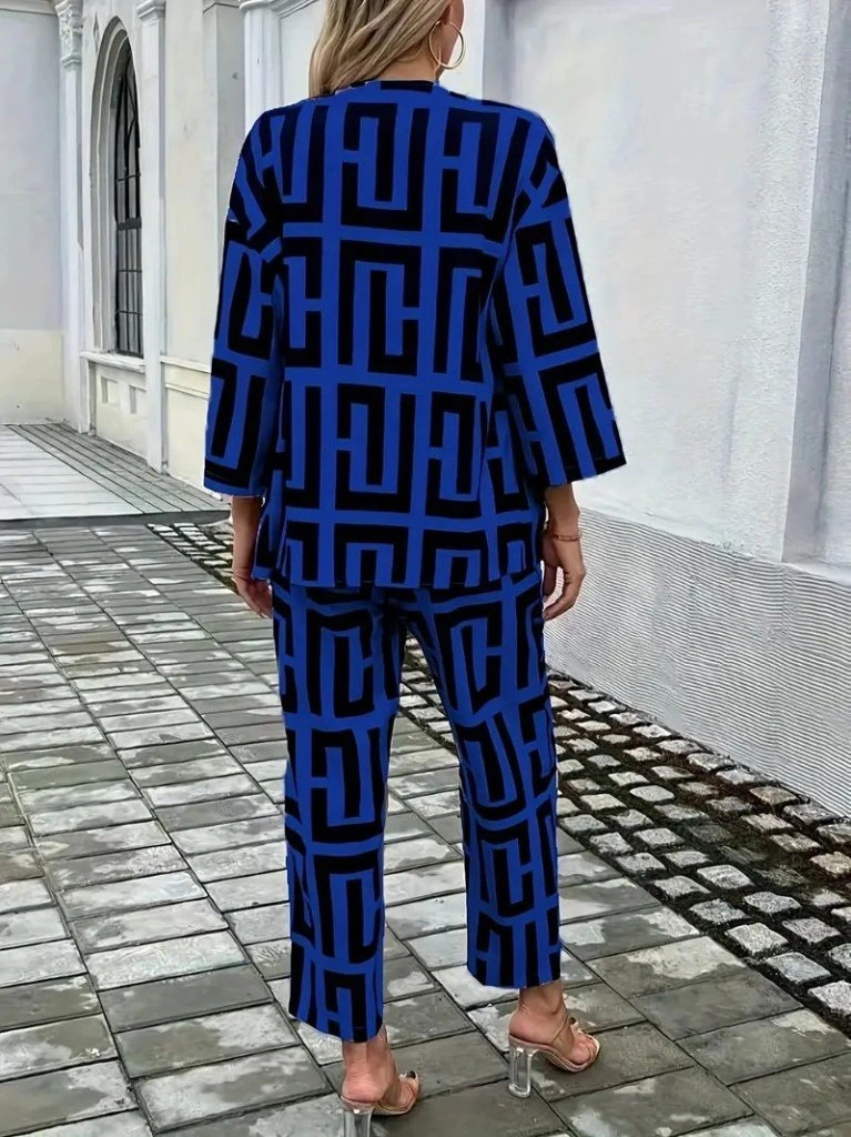 Tua Moda Kadın Uzun Kollu Önü Açık Desenli Iki Iplik Ceket Ve Pantolon Ikili Takım Saks Mavi