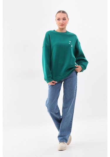Kallima Oversize Baskılı İçi Polarlı Yeşil Kadın Sweatshirt Yeşil