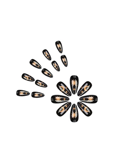 Yeni Tatlı Ve Havalı Siyah Yıldız Ay Badem Şeklinde Takılabilir Tırnak 24 Parça Çıkarılabilir Premium Siyah Altın Tırnak Sanatı Aletler Dahil Ys570
