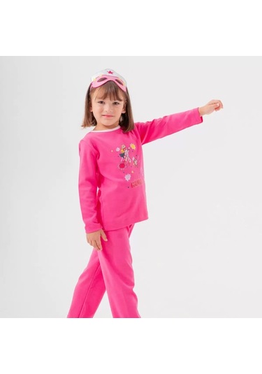 Heroıne Desenli Çanta Ve Maskeli % 100 Pamuk Kız Çocuk Pijama Takımı Gül Kurusu