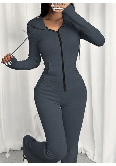 Tua Moda Kadın Uzun Kollu Kapşonlu Bağcıklı Önü Fermuarlı Viskon Iki Iplik Bluz Ve Pantolon Ikili Takım Gri