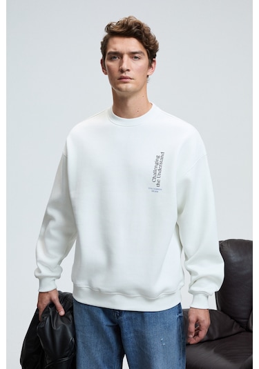 ALDEN Erkek Yuvarlak Yaka Göğsü Ve Sırtı Baskılı Relaxed Fit Beyaz Sweatshirt