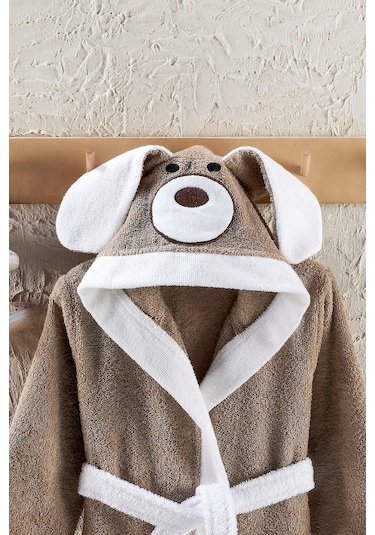 Formeya Kapşonlu Çocuk Bornoz %100 Pamuk Su Emici Köpek Figürlü Kahverengi
