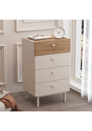 Robinhome Rhode Şifonyer 4 Çekmeceli Ahşap Ayaklı Kumsal-sepet Bej
