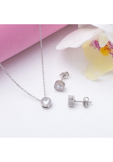 6,2 mm Yuvarlak Model Zirkon 925 Ayar Gümüş Tektaş Kolye Küpe İki