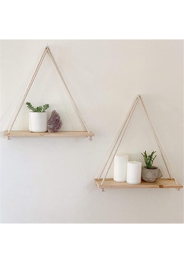 Beyaz Ahşap Salıncak Asılı Halat Duvara Monte Yüzer Raflar