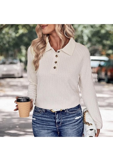 İlkbahar Ve Sonbahar Kadın Bluz Yaka Düz Renk Rahat Günlük Uzun Kollu Örgü Üst Bej