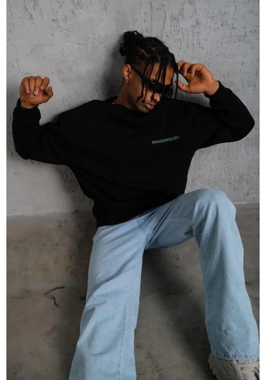 Erkek Oversize Sweatshirt Siyah Renk Ön Ve Sırt Baskılı, Üç İplik İçi Pamuklu Kumaş, Rahat Kalıp Siyah