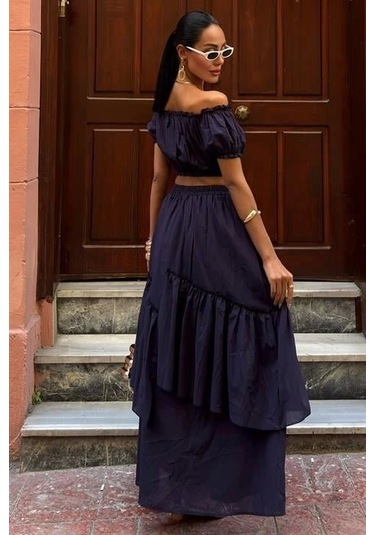 Büzgülü Crop Kat Detaylı Fırfır Etekli Takım 10196 Laci Vert