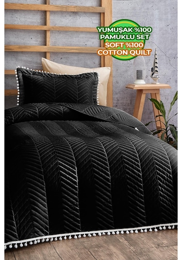 Evlen Home Ponponlu %100 Pamuk Tek Kişilik Günlük Yatak Örtüsü Pike Takımı Seti Siyah
