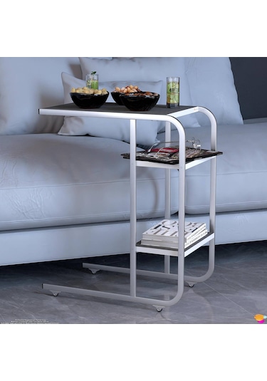 Modilayn C Yan Sehpa Dar Boy Tekerlekli Çalışma, Atıştırmalık, Yemek, Laptop Sehpası Siyah Çizgili Siyah