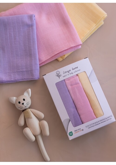 Çok Amaçlı Müslin Örtü & Battaniye 3'lü Set Pamuk Oeko-teks Sertifikalı 80x80 CM Açık Pembe