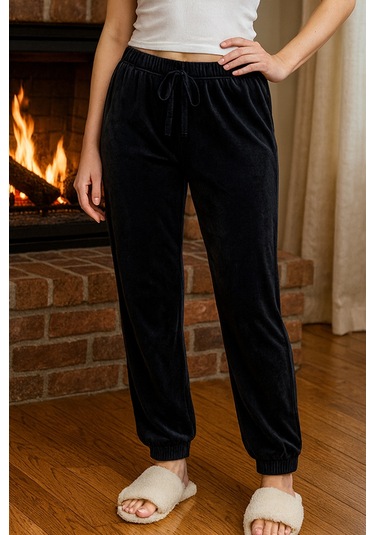 Kadın Paçası Lastikli Cep Detaylı Kadife Kumaş Tek Alt 503 Siyah Siyah