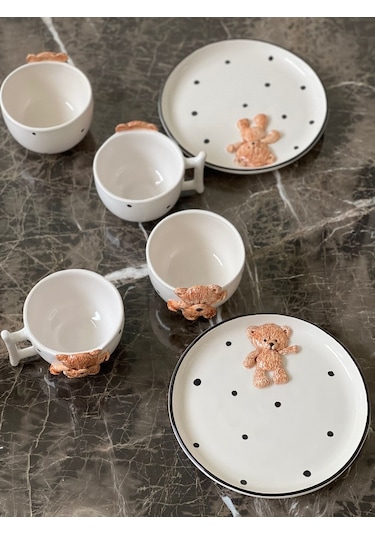 Meggdecor Teddy Bear 6 Parça 2 Kişilik Kahvaltı Seti Beyaz