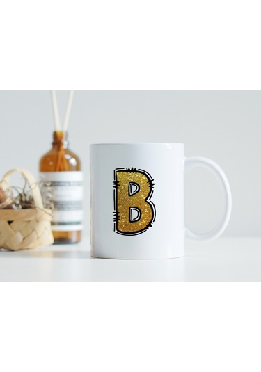 B Harfi Gold Simli Kupa Işıltılı Alfabe Harf Tasarımlı Kahve Kupası - Kişiye Özel Hediye Beyaz