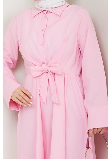 Renda Belden Bağlamalı Elbise 1467 - Pudra Pudra