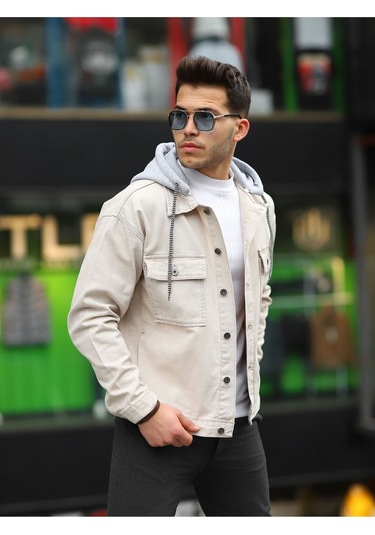 Erkek Bej Çıkarılabilir Kapüşonlu Oversize Kot Ceket Bej