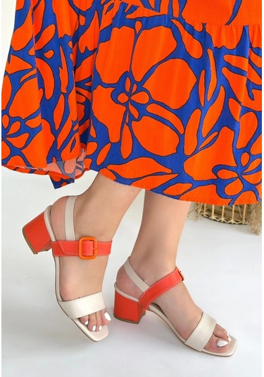 Year Bej Cilt Turuncu Detaylı Turuncu Topuklu Kadın Topuklu Ayakkabı Bej3