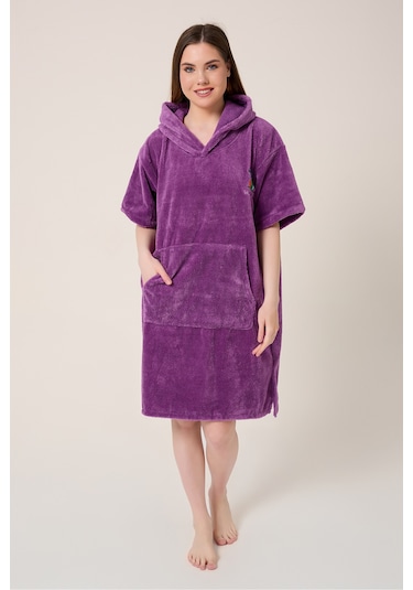 Palmiye Sörf Nakışlı Yetişkin Sörf Yazlık Panço Kapüşonlu Plaj Havlusu Mor Mor