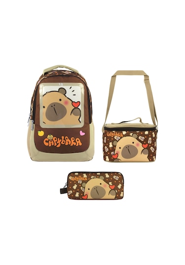 Capybara Erkek Çocuk - Kahverengi İlkokul Üçlü Çanta Seti - Setcpb5209a Çok Renkli