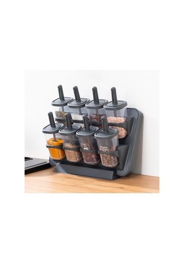 Porsima 1124 Standlı Kaydırmalı Kaşıklı Kapaklı Baharatlık Seti Antrasit