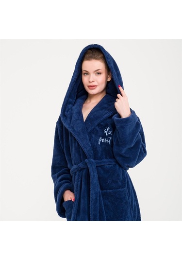 Uzun Welsoft Kapüşonlu Kadın Sabahlık Lacivert