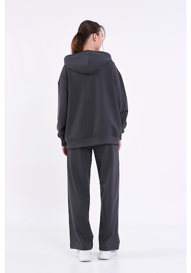 Kadın Antrasit Normal Kalıp Basic Beli Lastikli Kapüşonlu Oversize Mevsimlik Alt Üst Eşofman Takımı Cmre7367 Antrasit