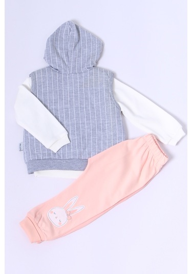 Kız Bebek Yelekli Takım Kapşonlu Çıtçıtlı Tavşan Baskılı A15 Yavruağzı