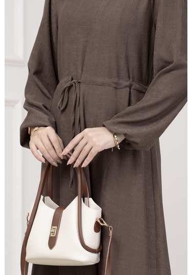 Beli Tünelli Fitilli Aslı Elbise-kahverengi-5466 Kahverengi