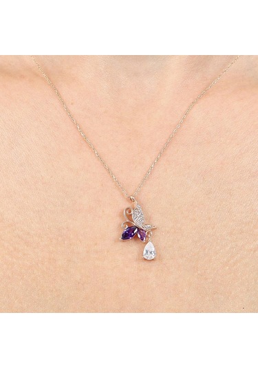 Mia vento Ametist Taşlı Kelebek Parıltısı Rose Renk Gümüş Kolye