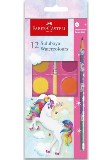 Faber Castell Unicorn Büyük Boy Sulu Boya 12 Li + 1 Kurşun Kalem Hediyeli Çok Renkli