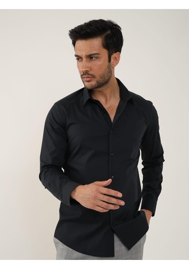 Siyah Erkek Slim Fit Düz Klasik Yaka Uzun Kol Gömlek - 88359 Siyah