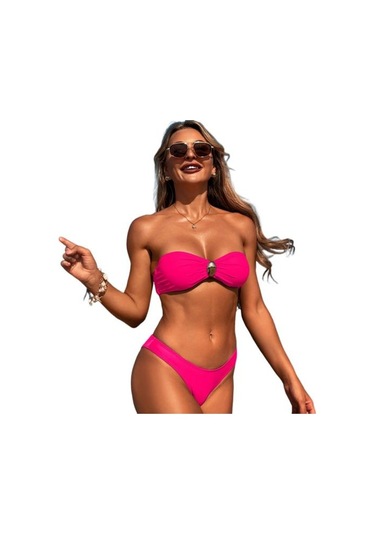 2 Adet/takım Kadın Mayo Seti Bandeau Dolgulu Telsiz Sütyen Yüksek Bel Yüzme Gül Kırmızı