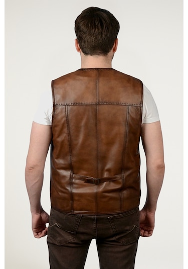 Derije Texas Hakiki Deri Erkek Taba Punto Dikişli Yelek
