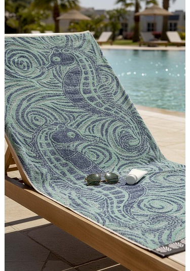 Turkuaz & Siyah Şeritli Poseidon %100 Pamuklu Plaj Havlusu 70x140 Cm Mavi
