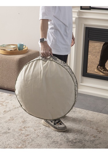 Krem Rengi Yuvarlak Taşınabilir Dekoratif Yer Minderi Puf 60x60 C