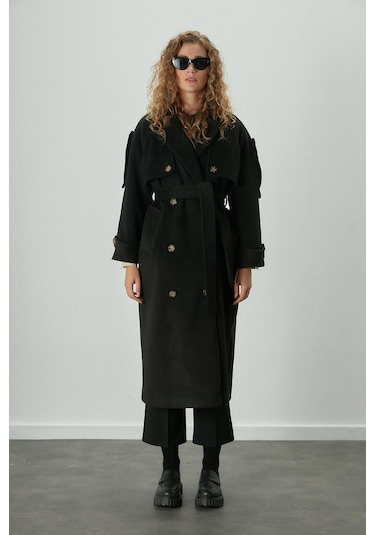 Manuka Premıum Kemerli Trench Kaban Siyah