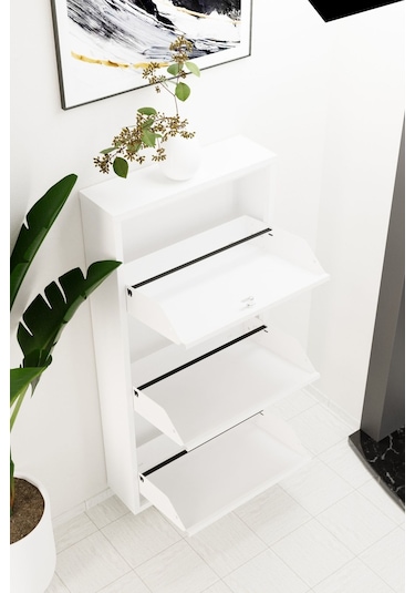 Kilitli 3 Kapaklı Metal Ayakkabılık Beyaz Beyaz