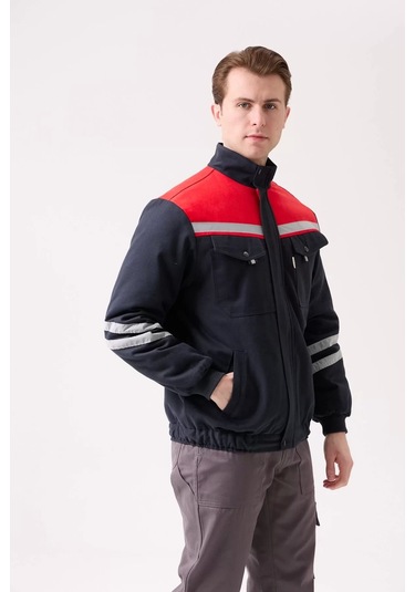 Kışlık İş Montu Grikırmızı Reflektörlü Gabardin Royal Mont İçi Kapitoneli Sıcak Tutan Lacivert-Kırmızı