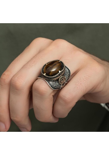 Kaplan Gözü Taşlı Süleyman Mührü 925 Gümüş Erkek Yüzük Beyaz