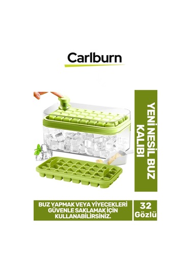 Yeni Nesil Düğmeli Basmalı Çift 32 Yuvalı Buz Küpü Kalıbı Saklama Kutulu Çok Renkli