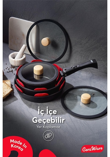 Ceraware Hona Daily 9 Parça Tak Çıkar Saplı Iç Içe Geçebilen Seramik Yapışmaz Tencere Tava Seti Siyah