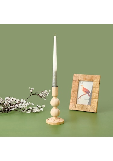 Kpmm Konik Ahşap Şamdan - Krem - 9,5x9,5x17,5 Cm Renkli